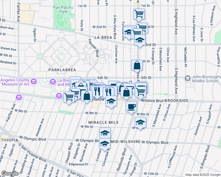 map of restaurants, bars, coffee shops, grocery stores, and more near 644 South Dunsmuir Avenue in Los Angeles