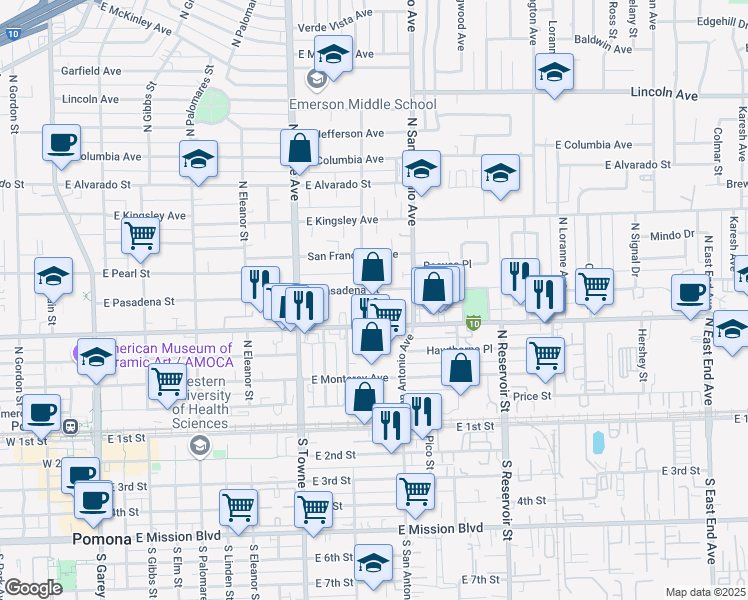 map of restaurants, bars, coffee shops, grocery stores, and more near 601 East Holt Avenue in Pomona