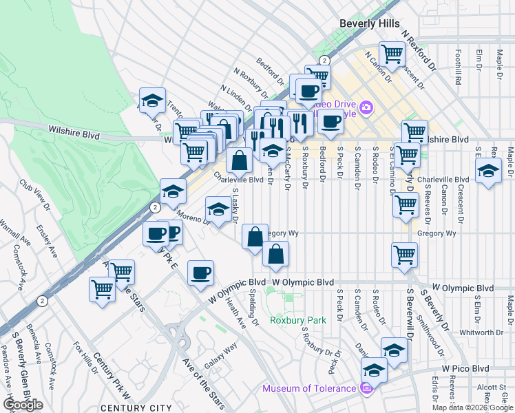 map of restaurants, bars, coffee shops, grocery stores, and more near 236 South Spalding Drive in Beverly Hills