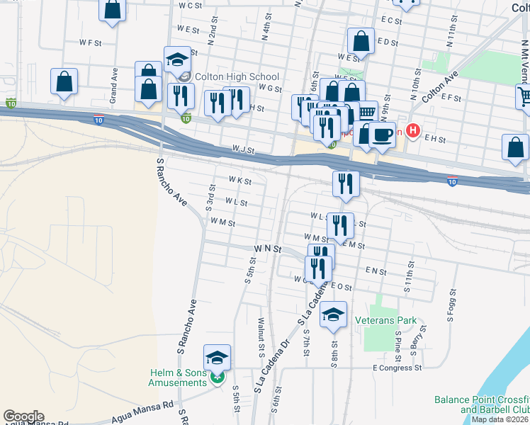 map of restaurants, bars, coffee shops, grocery stores, and more near 404 West L Street in Colton