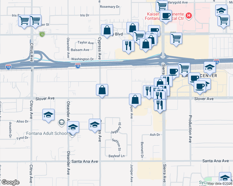 map of restaurants, bars, coffee shops, grocery stores, and more near 16576 Slover Avenue in Fontana