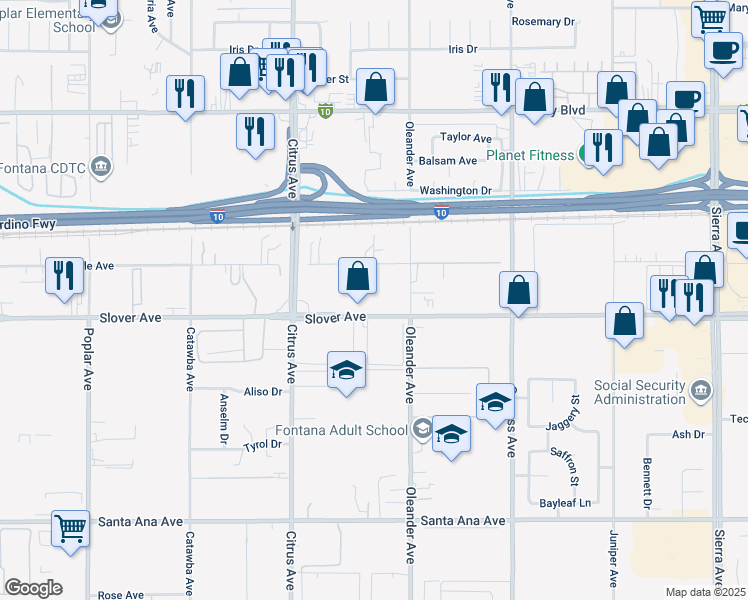 map of restaurants, bars, coffee shops, grocery stores, and more near 16264 Slover Avenue in Fontana