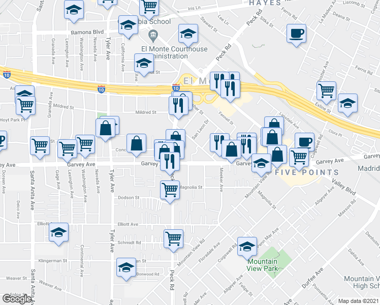 map of restaurants, bars, coffee shops, grocery stores, and more near 11401 VuePointe Way in El Monte