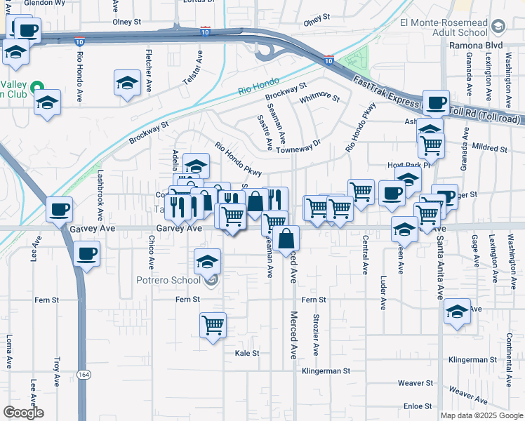 map of restaurants, bars, coffee shops, grocery stores, and more near 3026 Seaman Avenue in El Monte