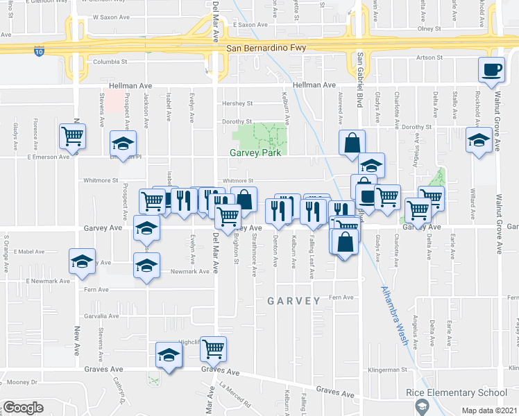 map of restaurants, bars, coffee shops, grocery stores, and more near 7938 Virginia Street in Rosemead
