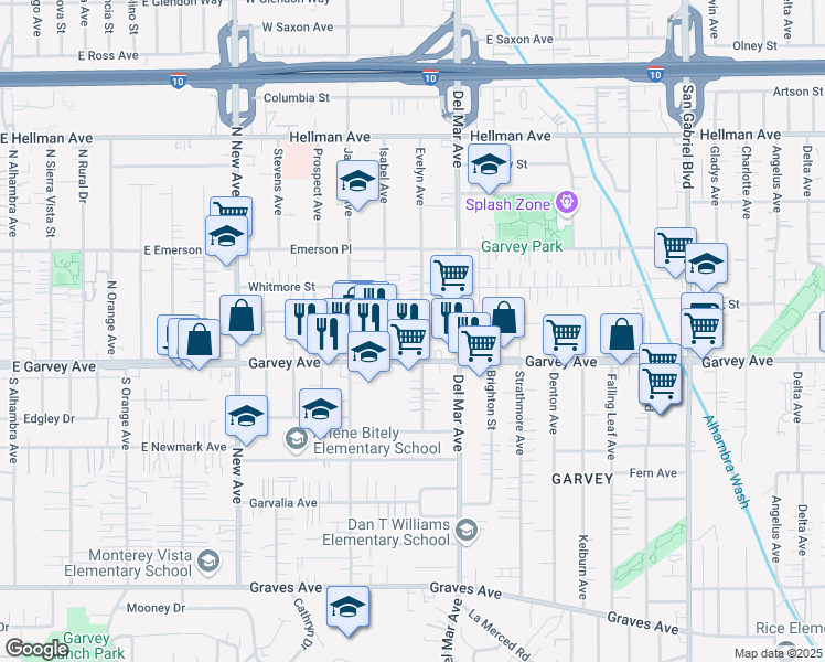 map of restaurants, bars, coffee shops, grocery stores, and more near 3031 Evelyn Avenue in Rosemead