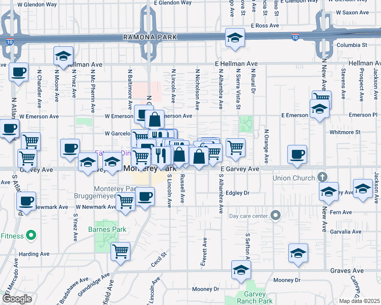 map of restaurants, bars, coffee shops, grocery stores, and more near 123 North Nicholson Avenue in Monterey Park