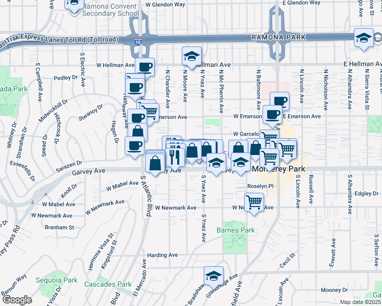 map of restaurants, bars, coffee shops, grocery stores, and more near 125 North Ynez Avenue in Monterey Park