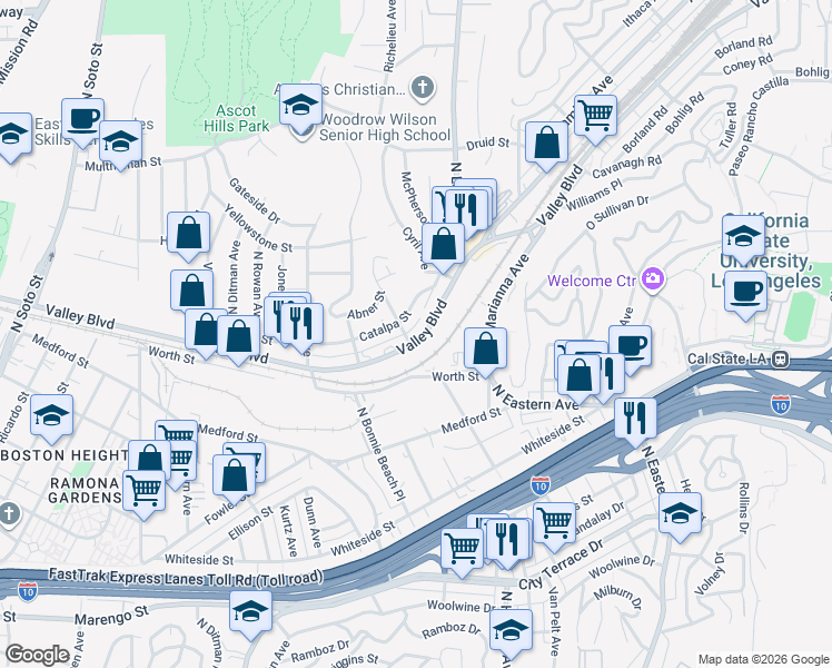map of restaurants, bars, coffee shops, grocery stores, and more near 4707 Valley Boulevard in Los Angeles