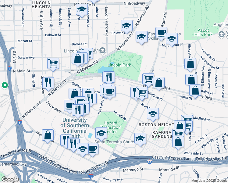 map of restaurants, bars, coffee shops, grocery stores, and more near 2215 Alcazar Street in Los Angeles