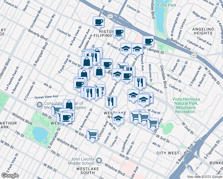 map of restaurants, bars, coffee shops, grocery stores, and more near 157 South Burlington Avenue in Los Angeles