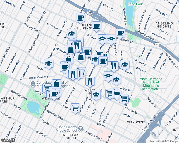 map of restaurants, bars, coffee shops, grocery stores, and more near 157 South Burlington Avenue in Los Angeles