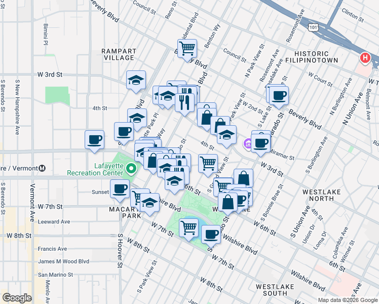 map of restaurants, bars, coffee shops, grocery stores, and more near 2536 West 5th Street in Los Angeles