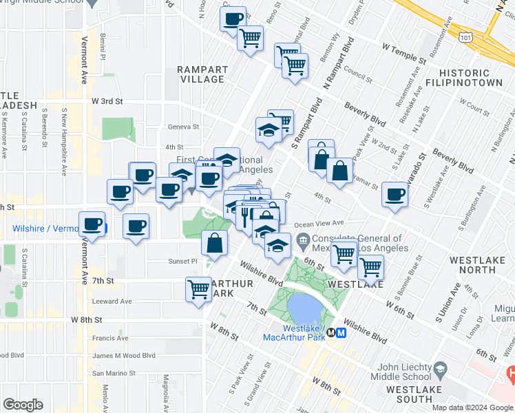 map of restaurants, bars, coffee shops, grocery stores, and more near 511 South Rampart Boulevard in Los Angeles