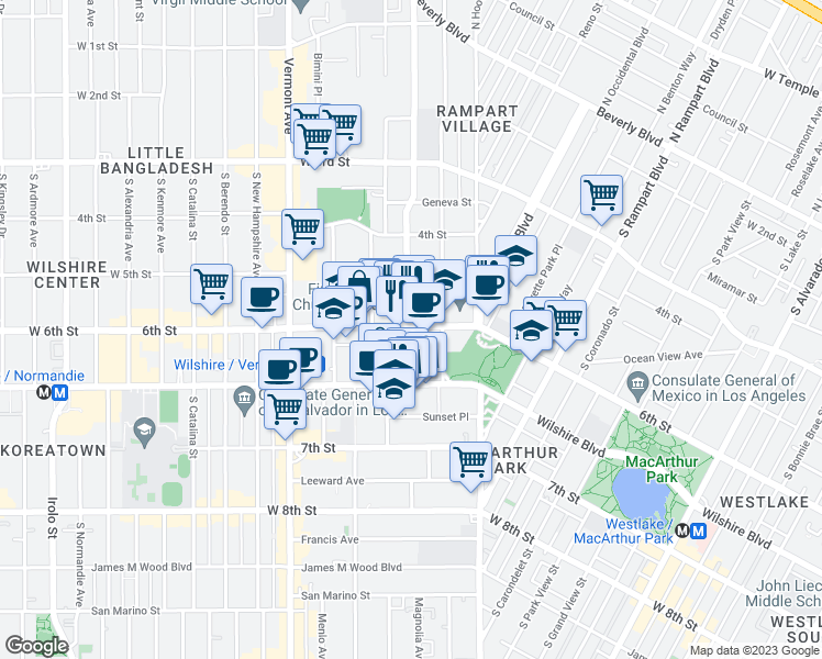 map of restaurants, bars, coffee shops, grocery stores, and more near 530 South Virgil Avenue in Los Angeles