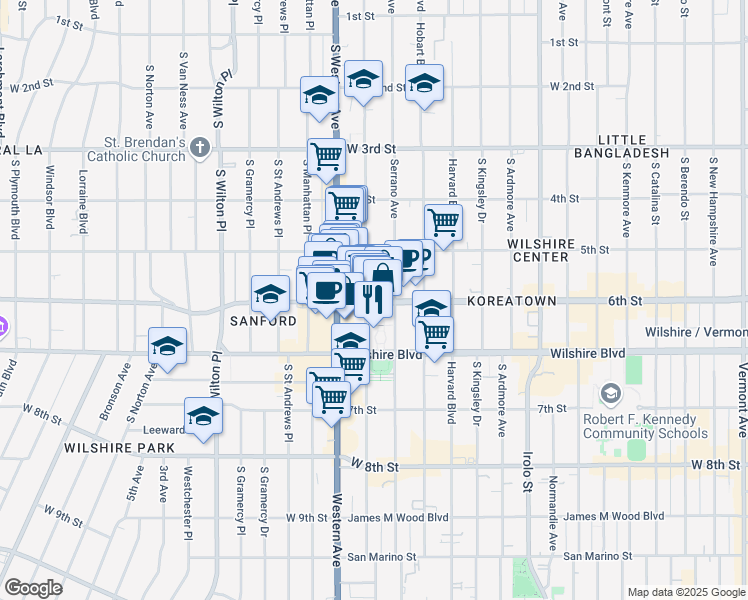 map of restaurants, bars, coffee shops, grocery stores, and more near 3900 West 6th Street in Los Angeles