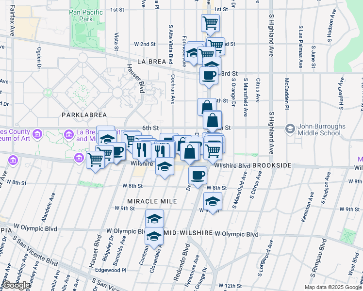 map of restaurants, bars, coffee shops, grocery stores, and more near 650 South Cochran Avenue in Los Angeles