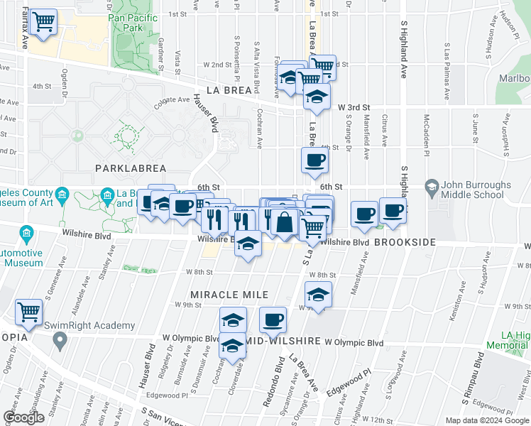 map of restaurants, bars, coffee shops, grocery stores, and more near 650 South Cochran Avenue in Los Angeles