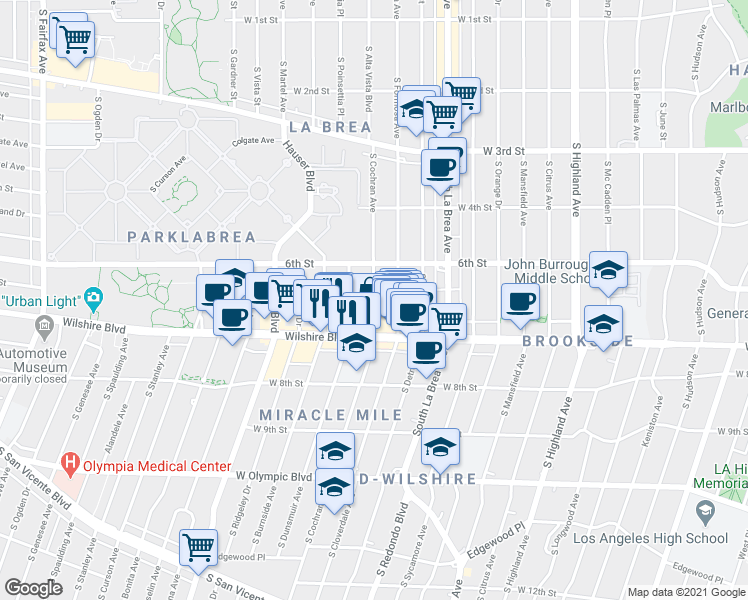 map of restaurants, bars, coffee shops, grocery stores, and more near 650 South Cochran Avenue in Los Angeles
