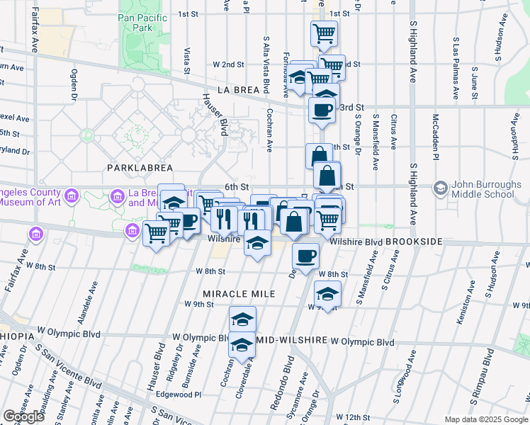 map of restaurants, bars, coffee shops, grocery stores, and more near 650 South Cochran Avenue in Los Angeles