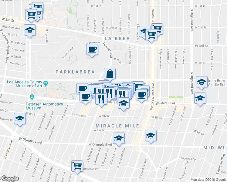 map of restaurants, bars, coffee shops, grocery stores, and more near 644 South Ridgeley Drive in Los Angeles