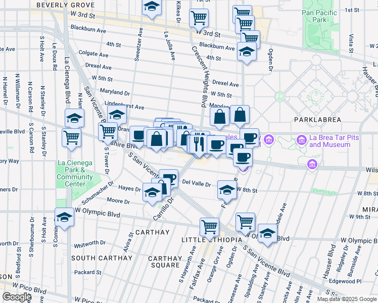 map of restaurants, bars, coffee shops, grocery stores, and more near 6322 Wilshire Boulevard in Los Angeles
