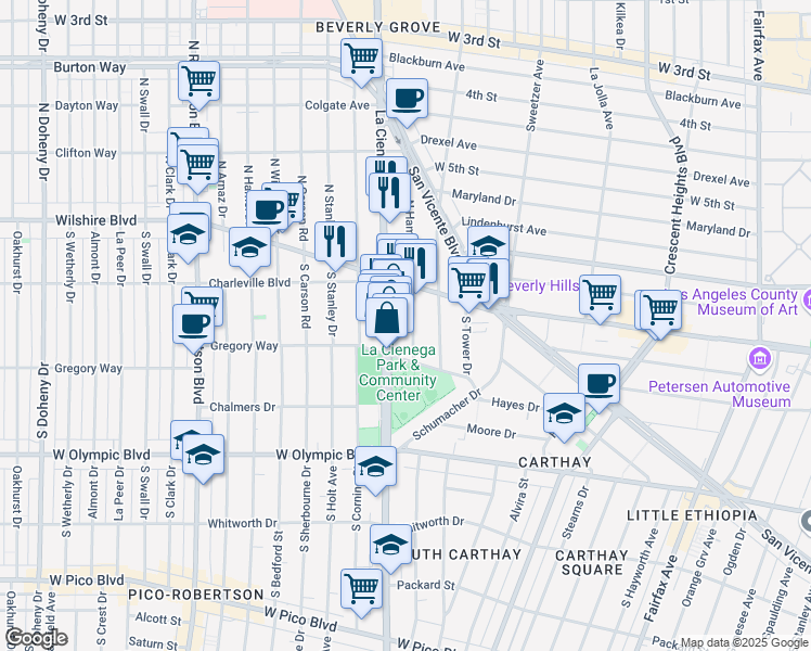 map of restaurants, bars, coffee shops, grocery stores, and more near 219 South Hamilton Drive in Beverly Hills