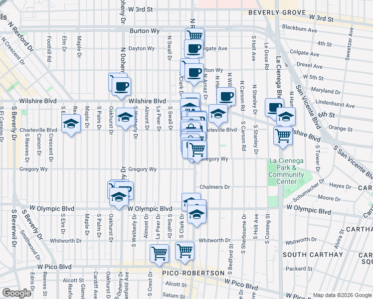 map of restaurants, bars, coffee shops, grocery stores, and more near 236 South Clark Drive in Beverly Hills