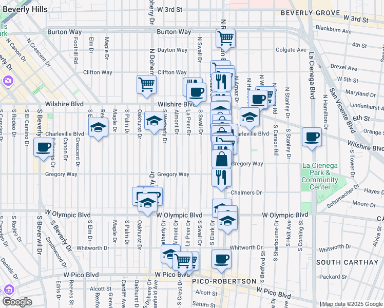 map of restaurants, bars, coffee shops, grocery stores, and more near 241 South Swall Drive in Beverly Hills