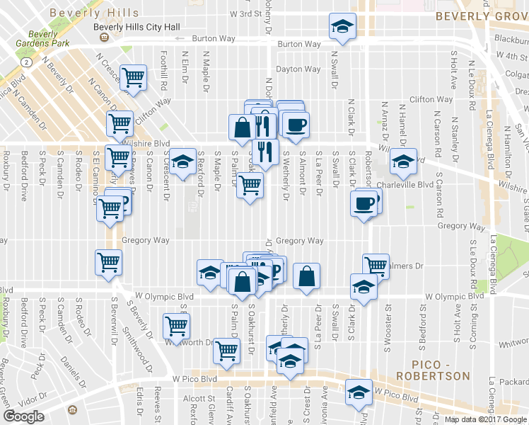 map of restaurants, bars, coffee shops, grocery stores, and more near 240 South Oakhurst Drive in Beverly Hills