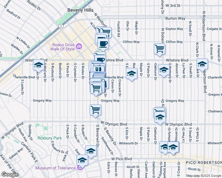 map of restaurants, bars, coffee shops, grocery stores, and more near 236 South Canon Drive in Beverly Hills