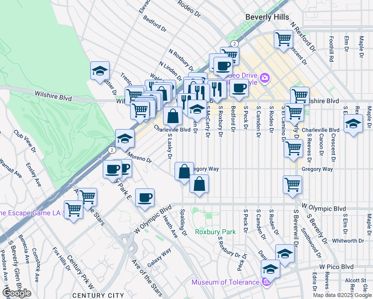 map of restaurants, bars, coffee shops, grocery stores, and more near 236 South Spalding Drive in Beverly Hills