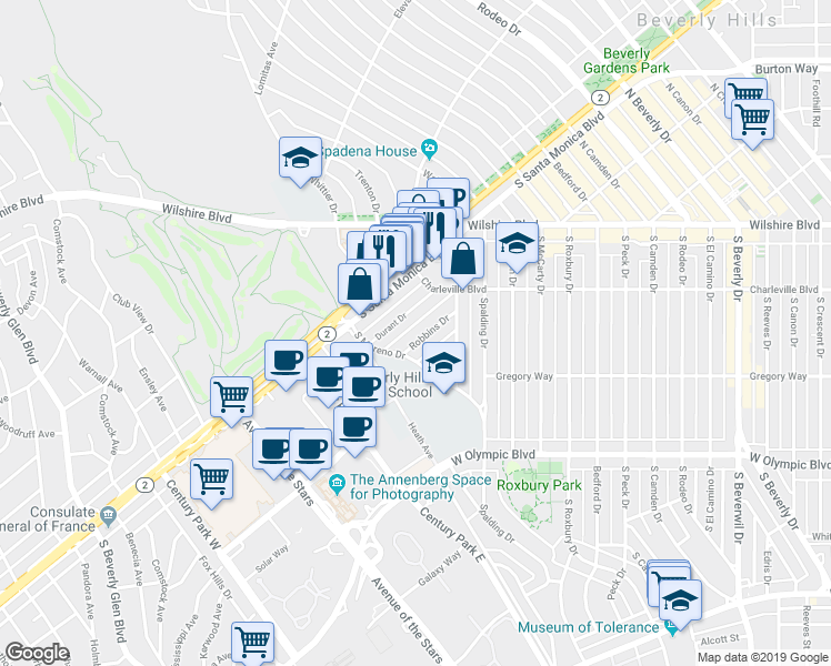 map of restaurants, bars, coffee shops, grocery stores, and more near 9941 Robbins Drive in Beverly Hills