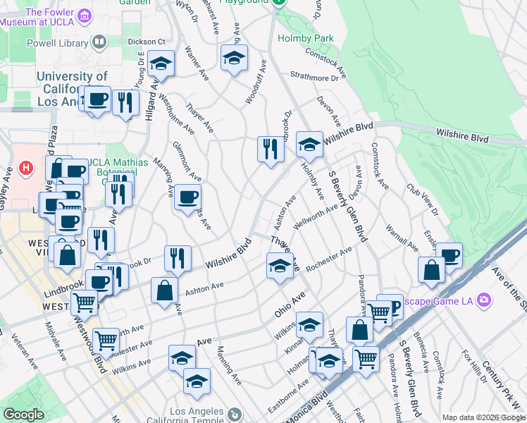 map of restaurants, bars, coffee shops, grocery stores, and more near 10500 Wilshire Boulevard in Los Angeles