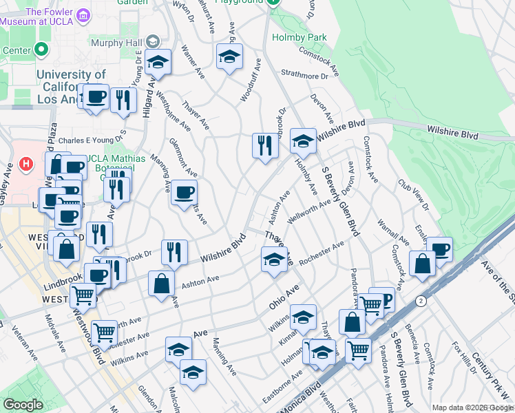 map of restaurants, bars, coffee shops, grocery stores, and more near 10500 Wilshire Boulevard in Los Angeles