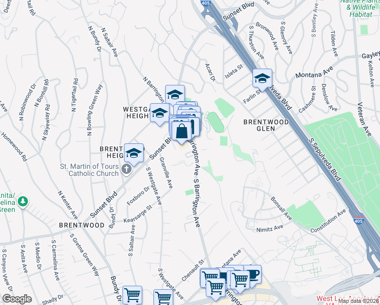 map of restaurants, bars, coffee shops, grocery stores, and more near 200 South Barrington Avenue in Los Angeles