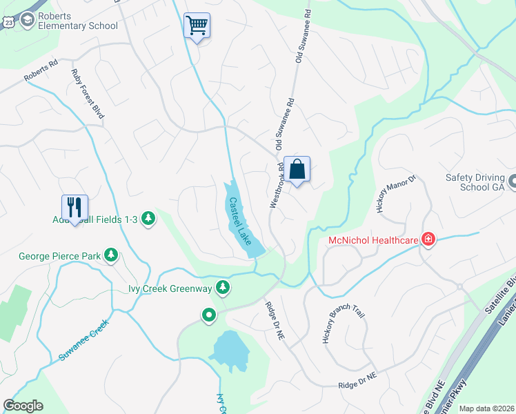 map of restaurants, bars, coffee shops, grocery stores, and more near 3673 Lake Edge Drive in Suwanee