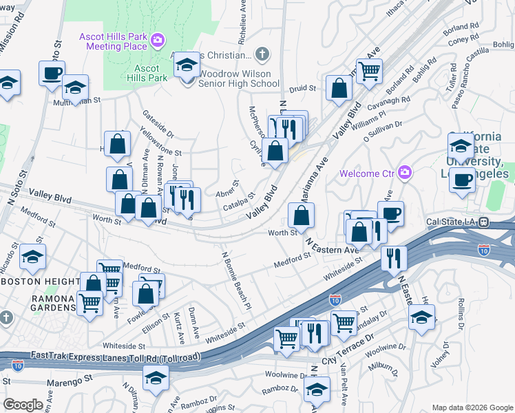 map of restaurants, bars, coffee shops, grocery stores, and more near 4707 Valley Boulevard in Los Angeles
