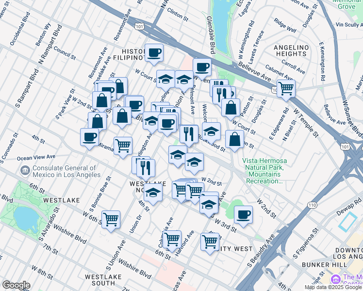 map of restaurants, bars, coffee shops, grocery stores, and more near 119 Union Place in Los Angeles