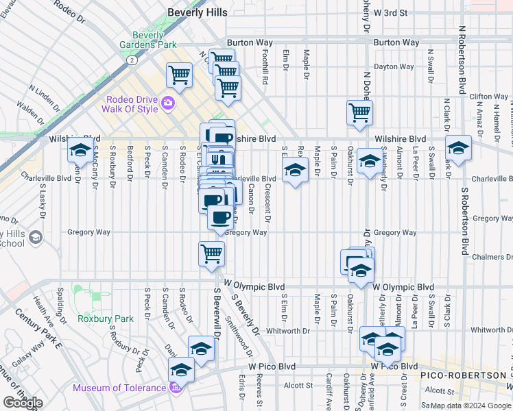 map of restaurants, bars, coffee shops, grocery stores, and more near 236 S Canon Dr in Beverly Hills