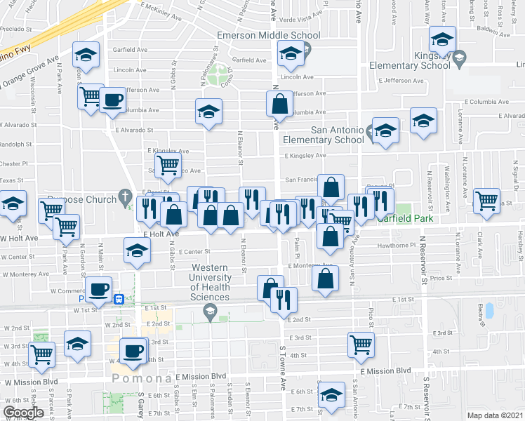 map of restaurants, bars, coffee shops, grocery stores, and more near 450 East Pasadena Street in Pomona