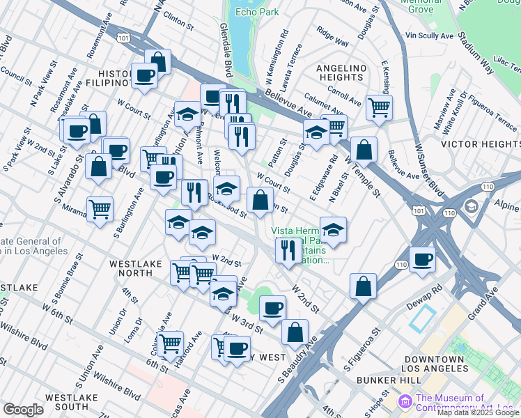 map of restaurants, bars, coffee shops, grocery stores, and more near 153 Glendale Boulevard in Los Angeles