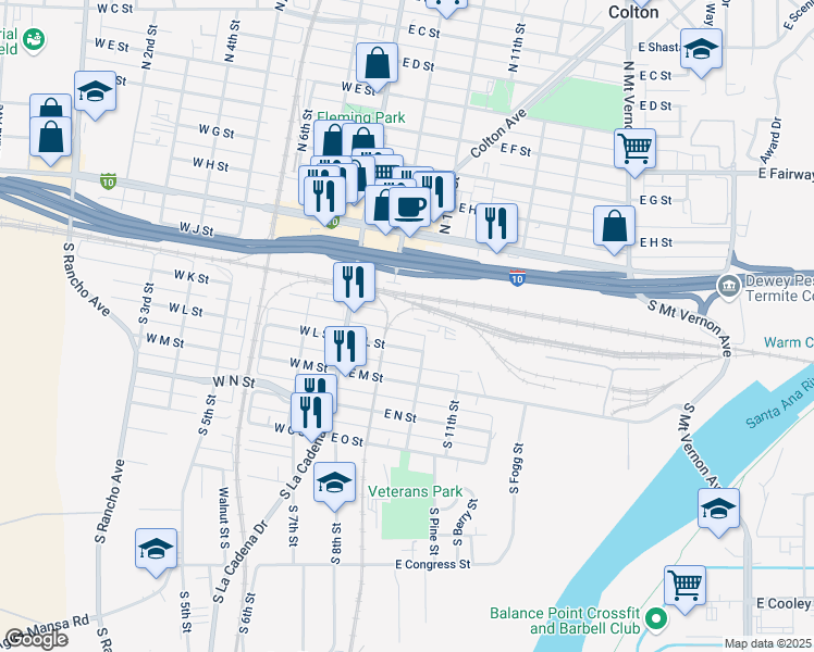 map of restaurants, bars, coffee shops, grocery stores, and more near 150 South 10th Street in Colton