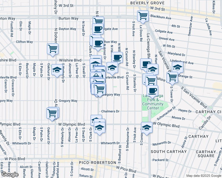 map of restaurants, bars, coffee shops, grocery stores, and more near 219 South Hamel Drive in Beverly Hills