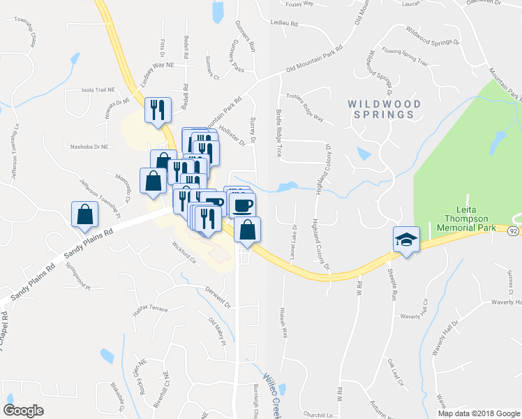 map of restaurants, bars, coffee shops, grocery stores, and more near 4750 York Place in Roswell