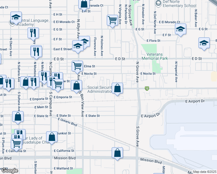 map of restaurants, bars, coffee shops, grocery stores, and more near 1067 East Holt Boulevard in Ontario