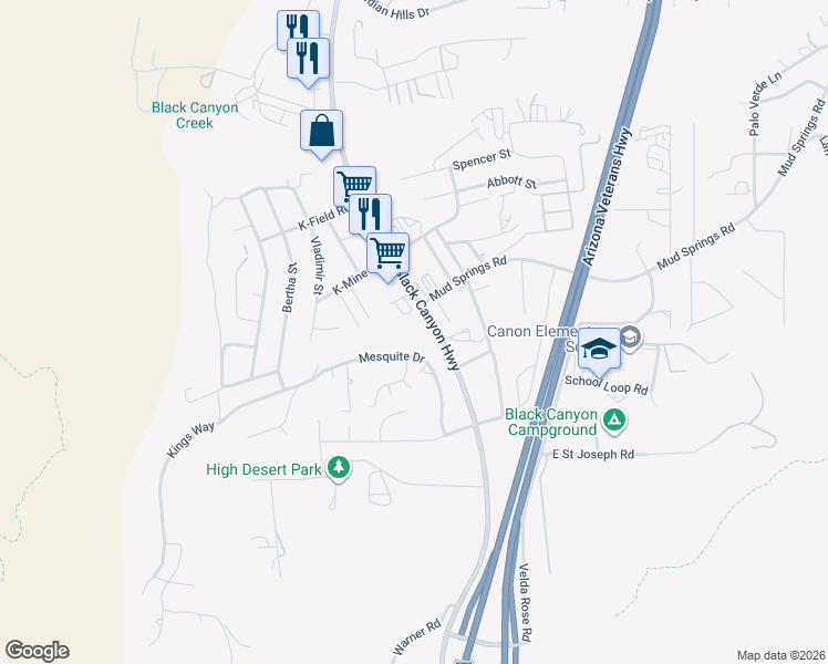 map of restaurants, bars, coffee shops, grocery stores, and more near 34690 Old Black Canyon Highway in Black Canyon City