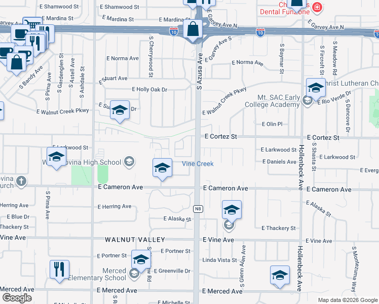 map of restaurants, bars, coffee shops, grocery stores, and more near 1741 Cabrillo Street in West Covina