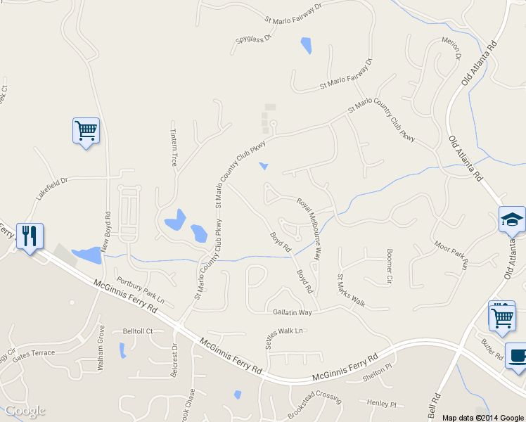 map of restaurants, bars, coffee shops, grocery stores, and more near 8355 Royal Melbourne Way in Duluth