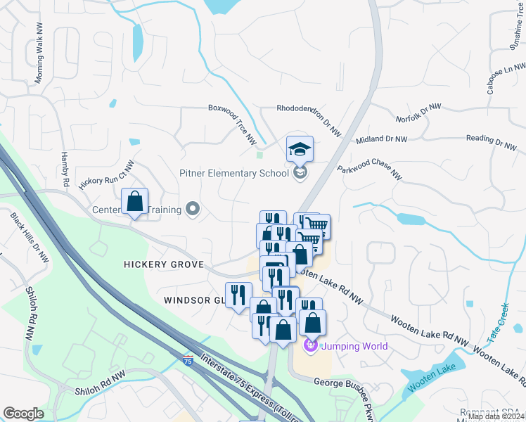 map of restaurants, bars, coffee shops, grocery stores, and more near 4531 Cindy Lane in Kennesaw